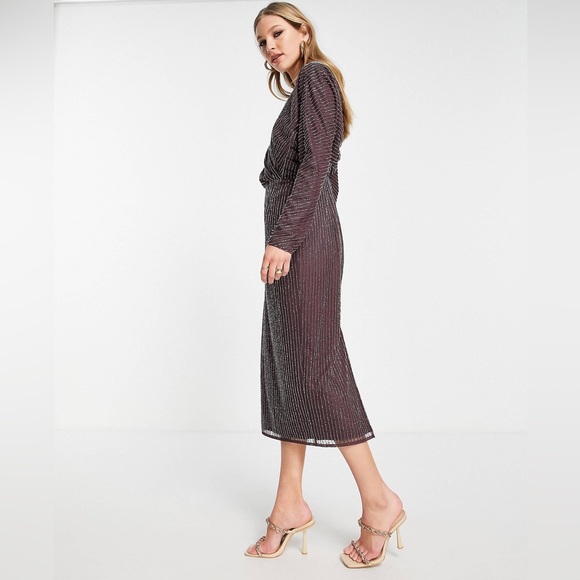 NWT ASOS Gold Linear Batwing Midi Dress Sz 2 - Picture 2 of 12